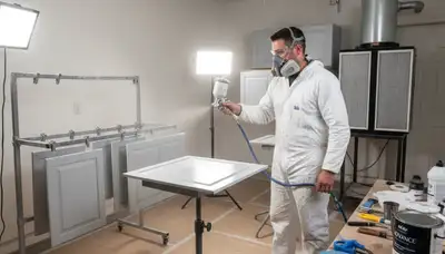 Professional cabinet painting in Burlington, MA using spray techniques for smooth, durable kitchen finishes