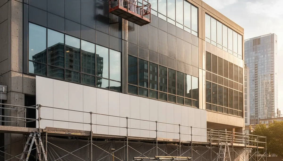 Professional commercial painters finishing office exterior in Burlington, MA