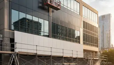 Professional commercial painters finishing office exterior in Burlington, MA