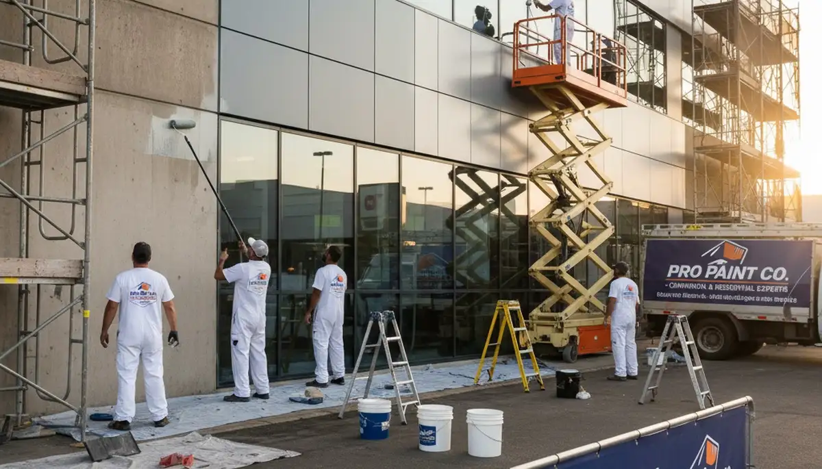 Professional commercial painters working on Burlington MA office exterior painting project
