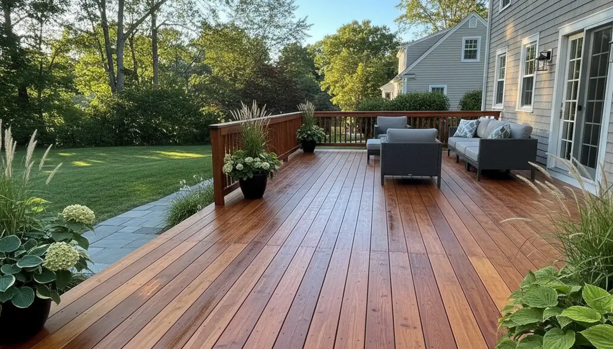 Finished deck staining in Burlington MA showing rich wood tones and weather-protected outdoor surface