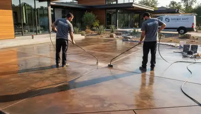 Professional concrete staining on garage floor in Burlington, MA by local house painting experts