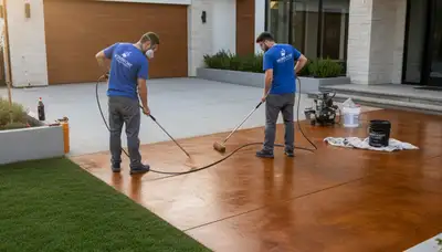 Professional concrete staining on garage floor in Burlington, MA by local house painting experts