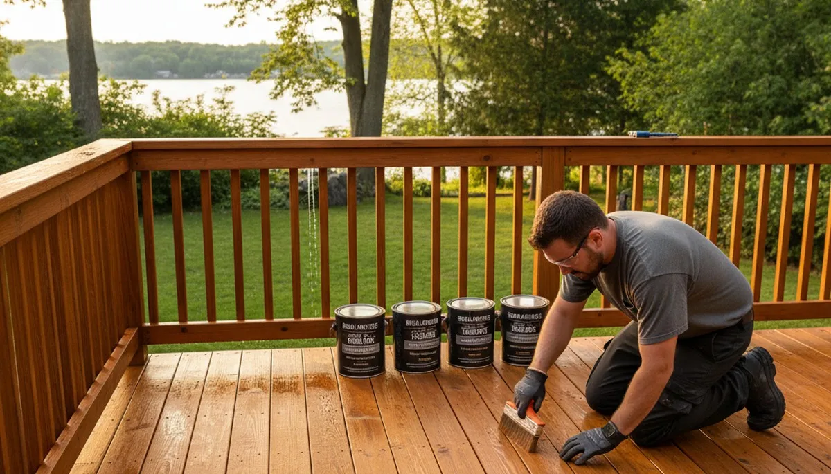 Professional painter applying protective deck stain on wood surface in Burlington, MA