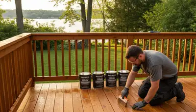 Professional painter applying protective deck stain on wood surface in Burlington, MA