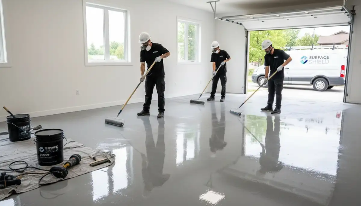Professional epoxy floor coating in Burlington, MA garage by local painting contractors