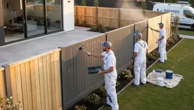 Professional fence painters in Burlington MA applying durable exterior paint for lasting protection