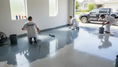 Epoxy garage floor coating installation in Burlington MA by professional house painters