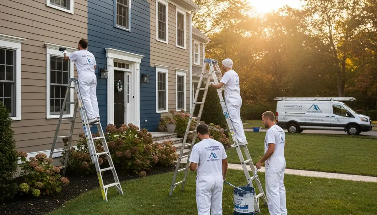 Professional house painters in Burlington MA applying exterior paint to suburban home