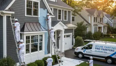 Professional house painters working on exterior home in Burlington MA