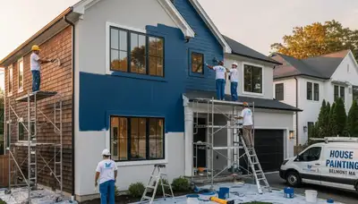 Professional house painters finishing exterior home in Burlington MA