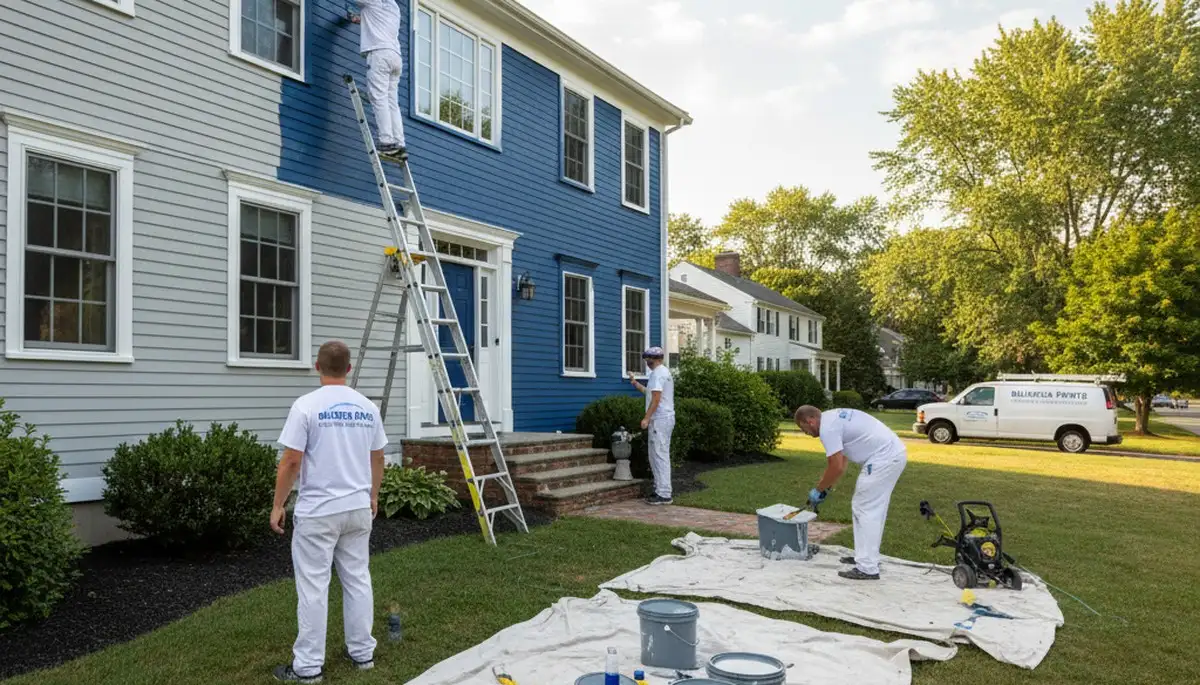 Professional house painters working on residential exterior in Burlington MA