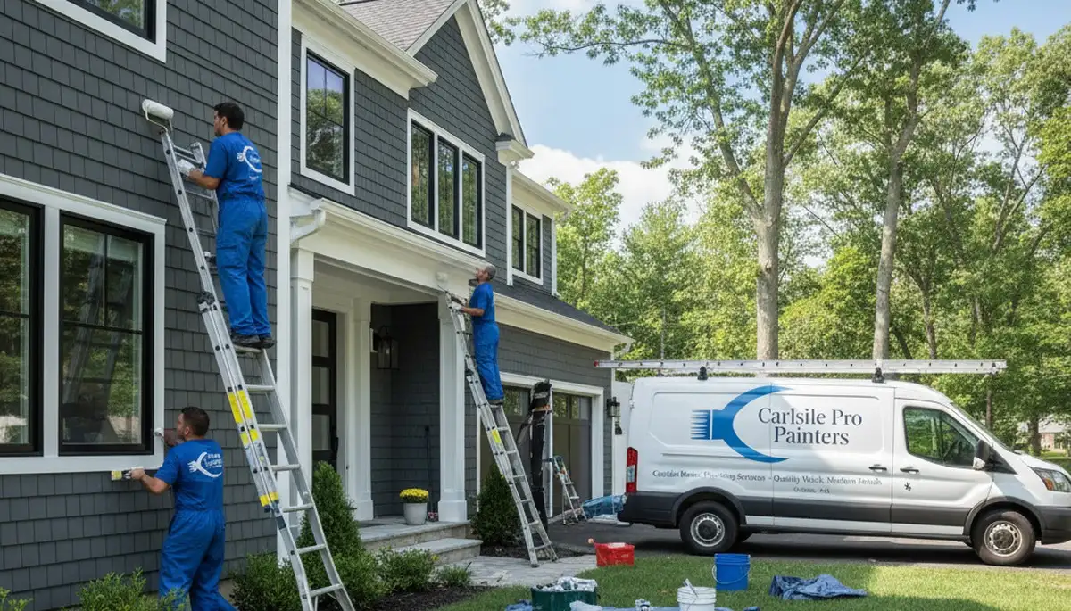 Professional house painters working on residential exterior in Burlington MA