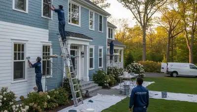 Professional house painters in Burlington MA applying exterior paint to residential home façade