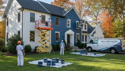 Professional house painters working on residential exterior in Burlington MA