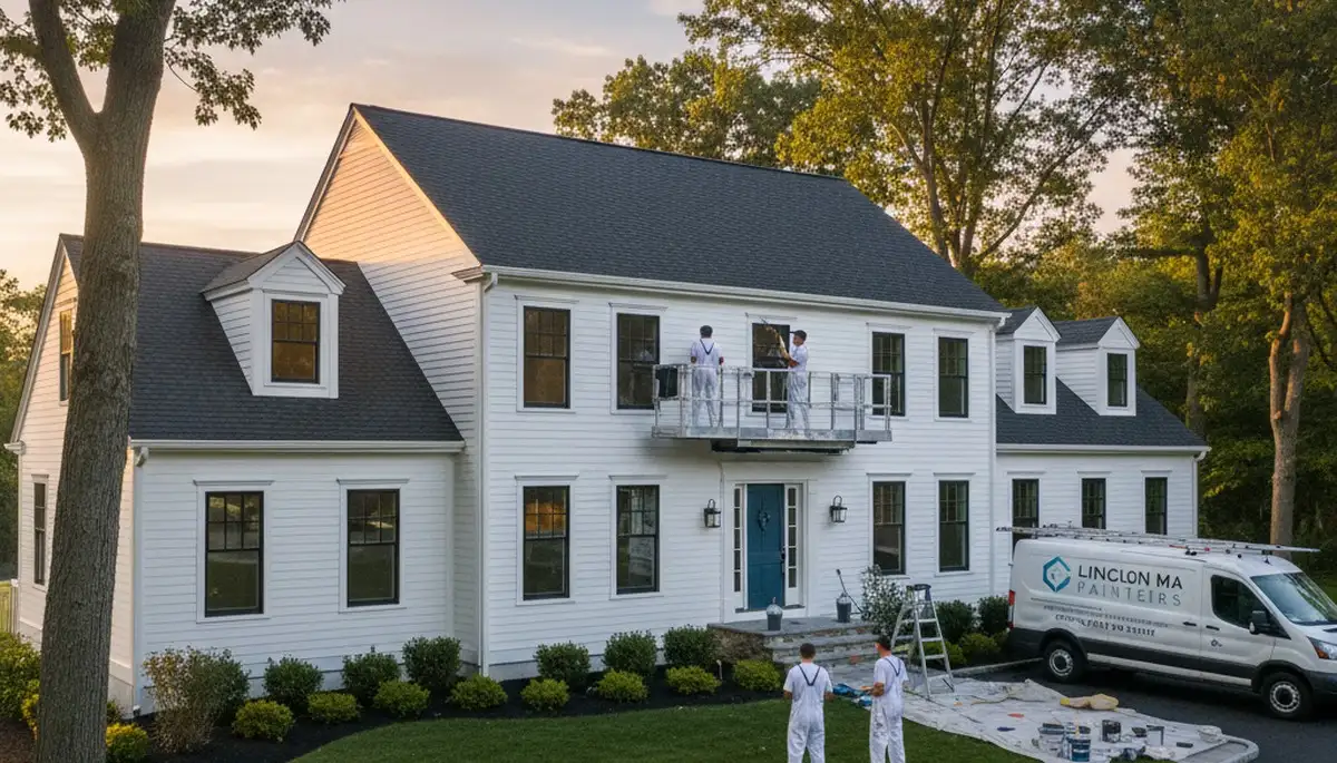Professional house painters working on exterior home in Burlington MA