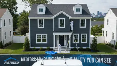 Professional house painters finishing exterior home painting in Burlington MA