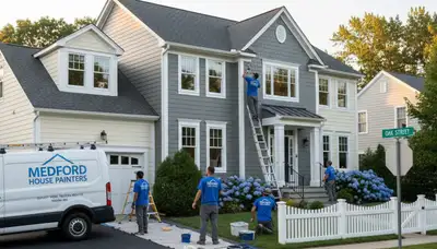 Professional house painters working on residential exterior in Burlington MA