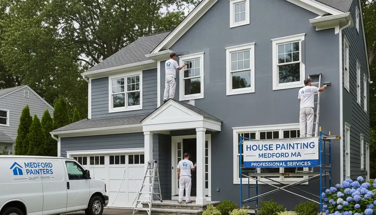 Professional house painters working on exterior home in Burlington MA