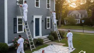Professional house painters working on exterior home in Burlington MA