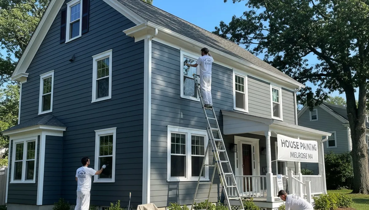 Professional house painters working on residential exterior in Burlington MA