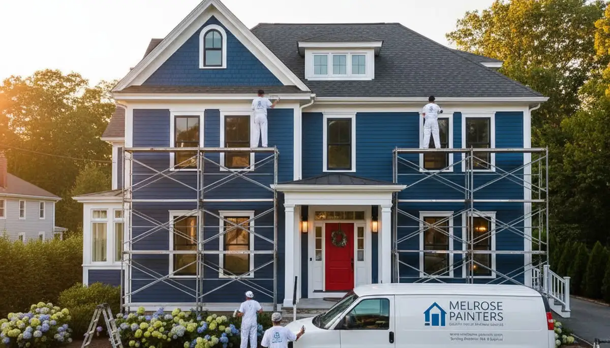 Professional house painters working on residential exterior in Burlington MA