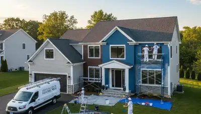Professional house painters in Burlington, MA applying fresh exterior paint to a suburban home