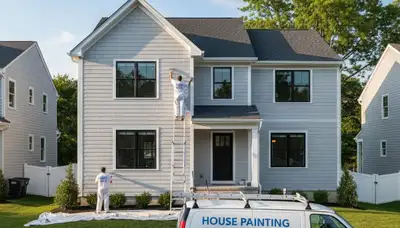 Professional house painters working on exterior home in Burlington MA