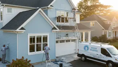 Professional house painters in Burlington MA applying exterior paint to a suburban home
