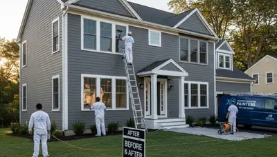 Professional house painters in Burlington MA applying exterior paint to a suburban home
