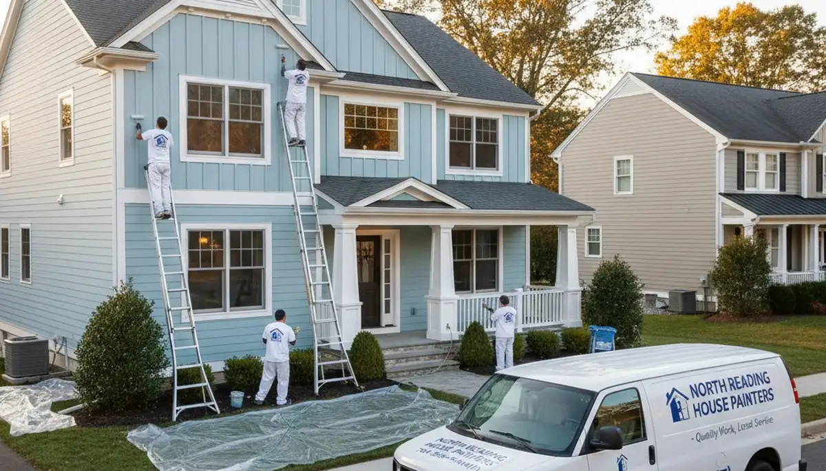 Professional house painters working on a residential exterior in Burlington, MA