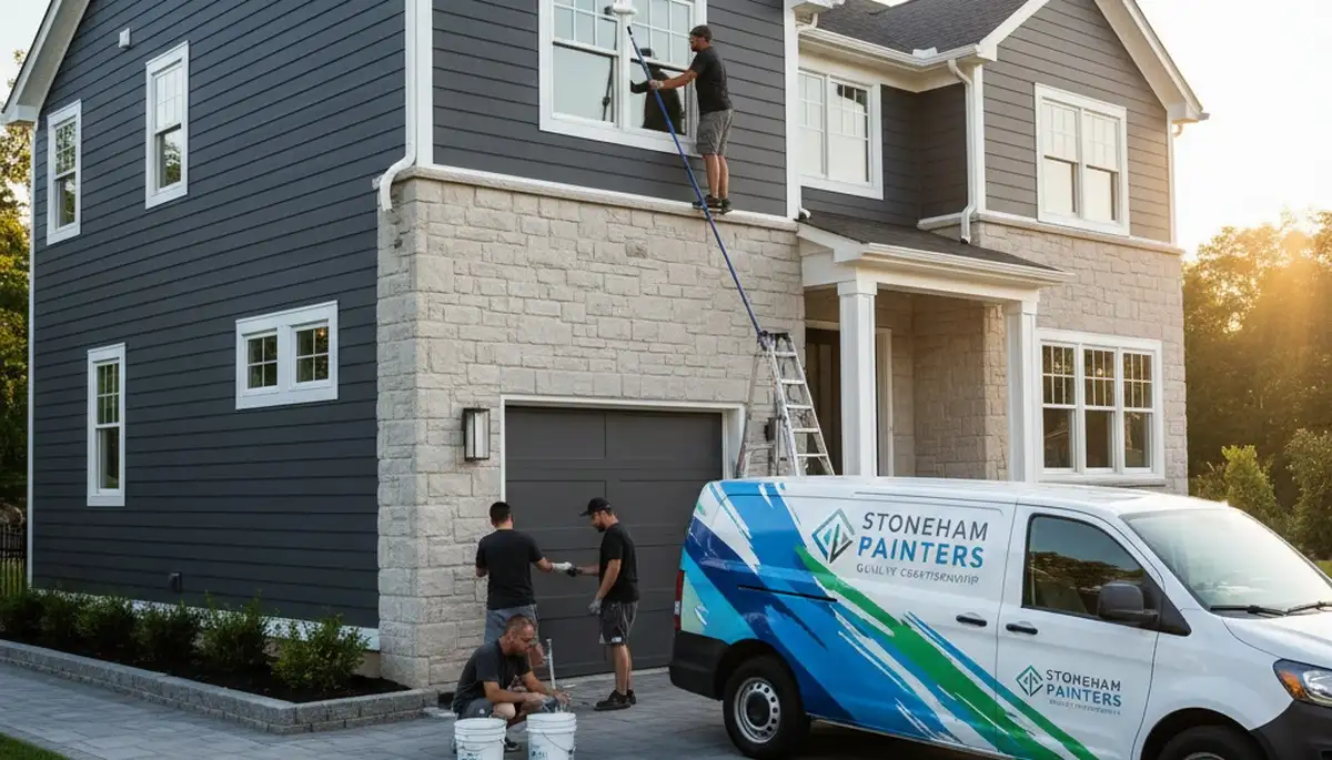 Professional house painters working on exterior home in Burlington, MA