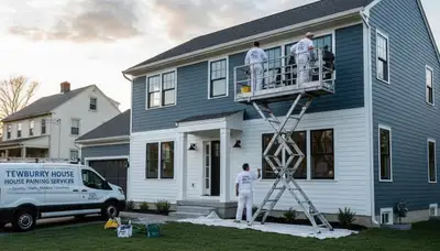 Professional house painters in Burlington MA applying exterior paint to residential home