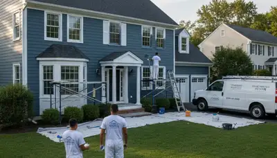 Professional house painter finishing exterior home in Burlington, MA