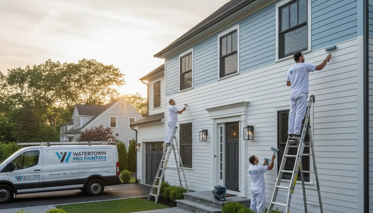 Professional house painters working on exterior home in Burlington MA