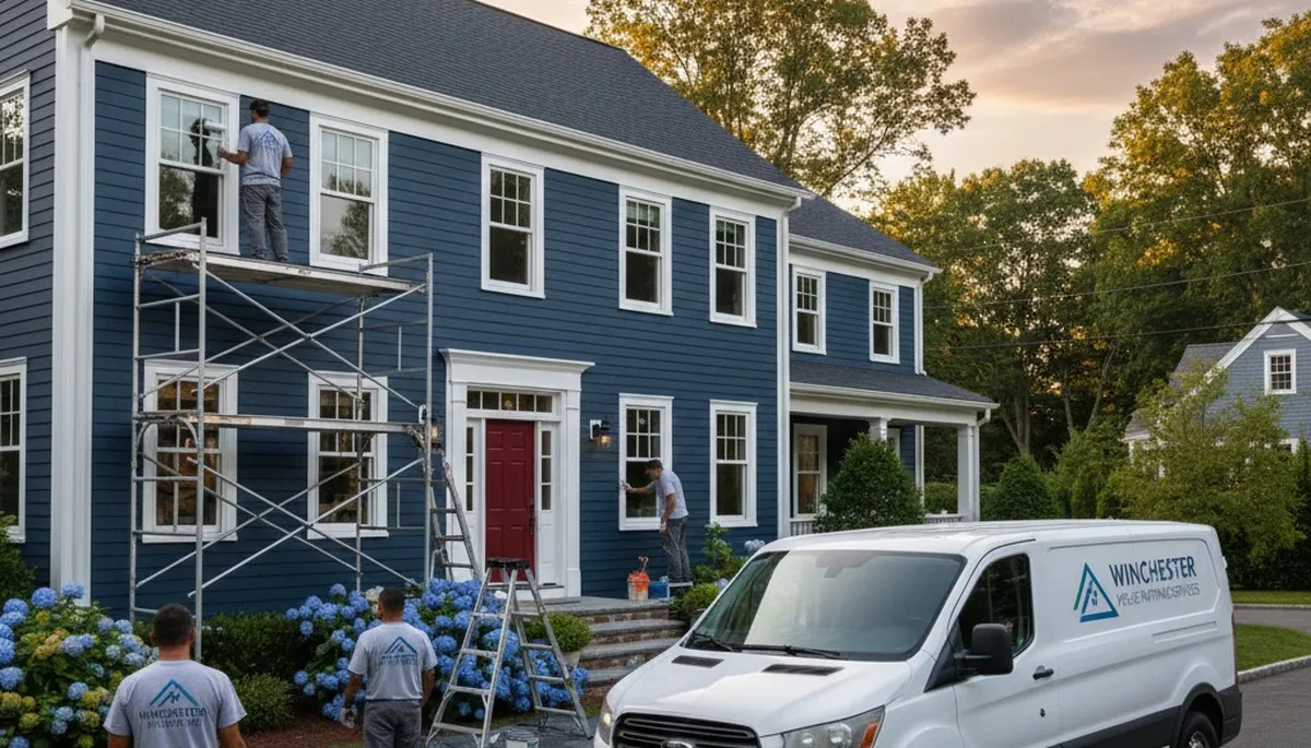 Professional house painters working on home exterior in Burlington MA