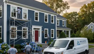 Professional house painters working on home exterior in Burlington MA