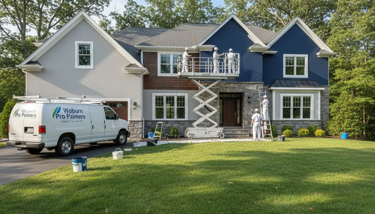 Professional house painters working on exterior home in Burlington, MA