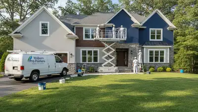 Professional house painters working on exterior home in Burlington, MA