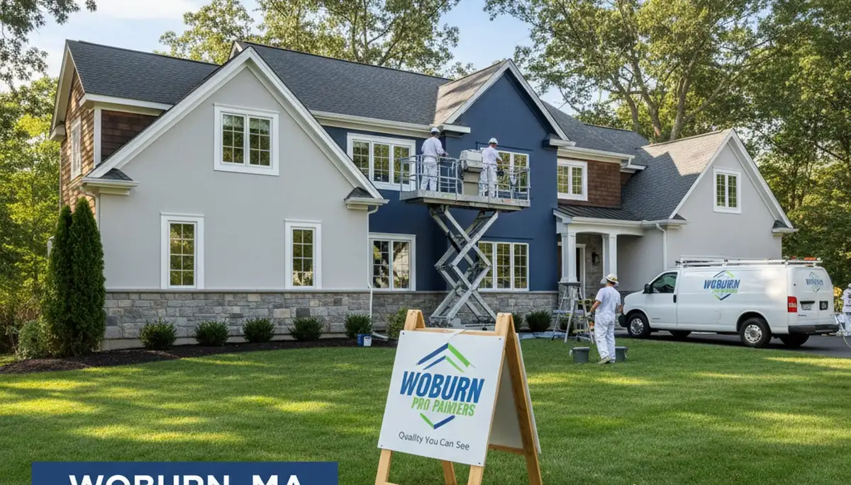 Professional house painters finishing exterior home in Burlington, MA