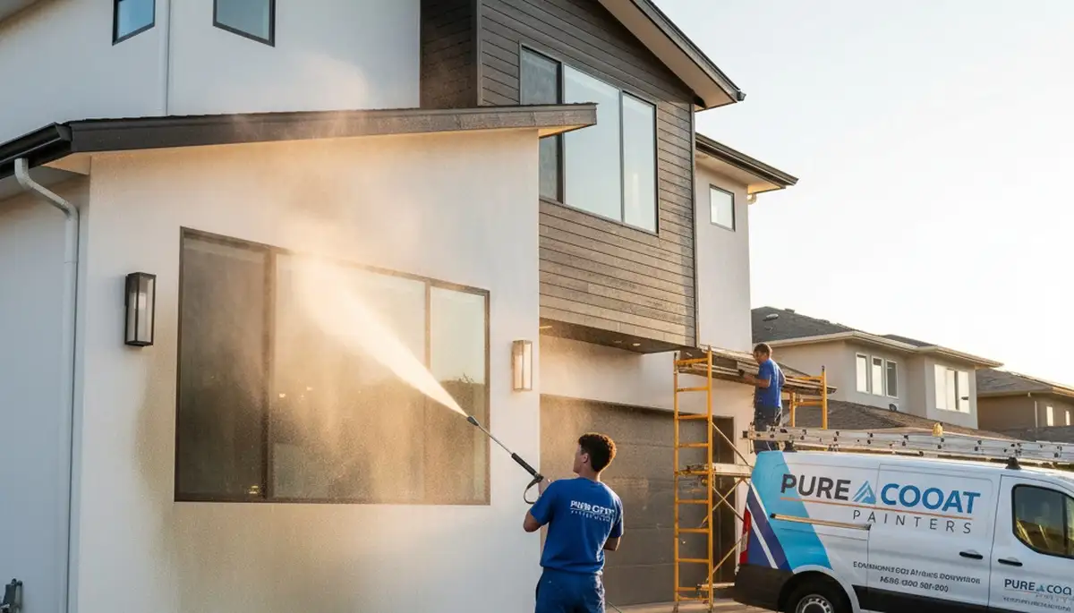 Professional pressure cleaning team washing home exterior in Burlington, MA