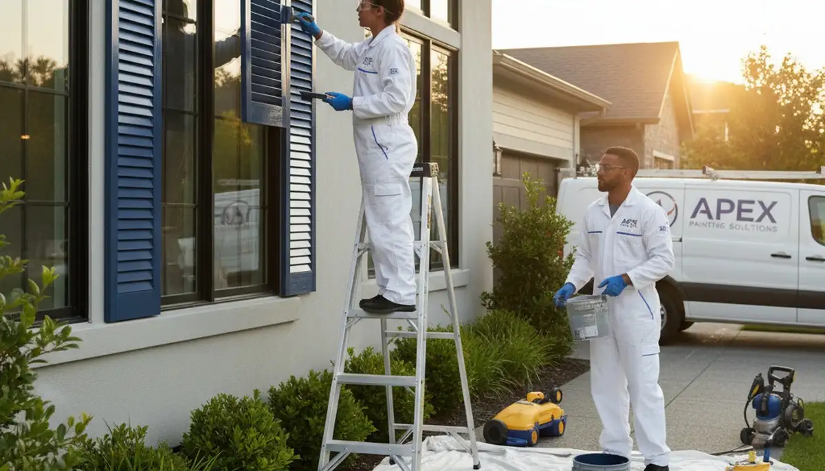 Professional painter refinishing exterior shutters in Burlington, MA for durable, weather-resistant finish