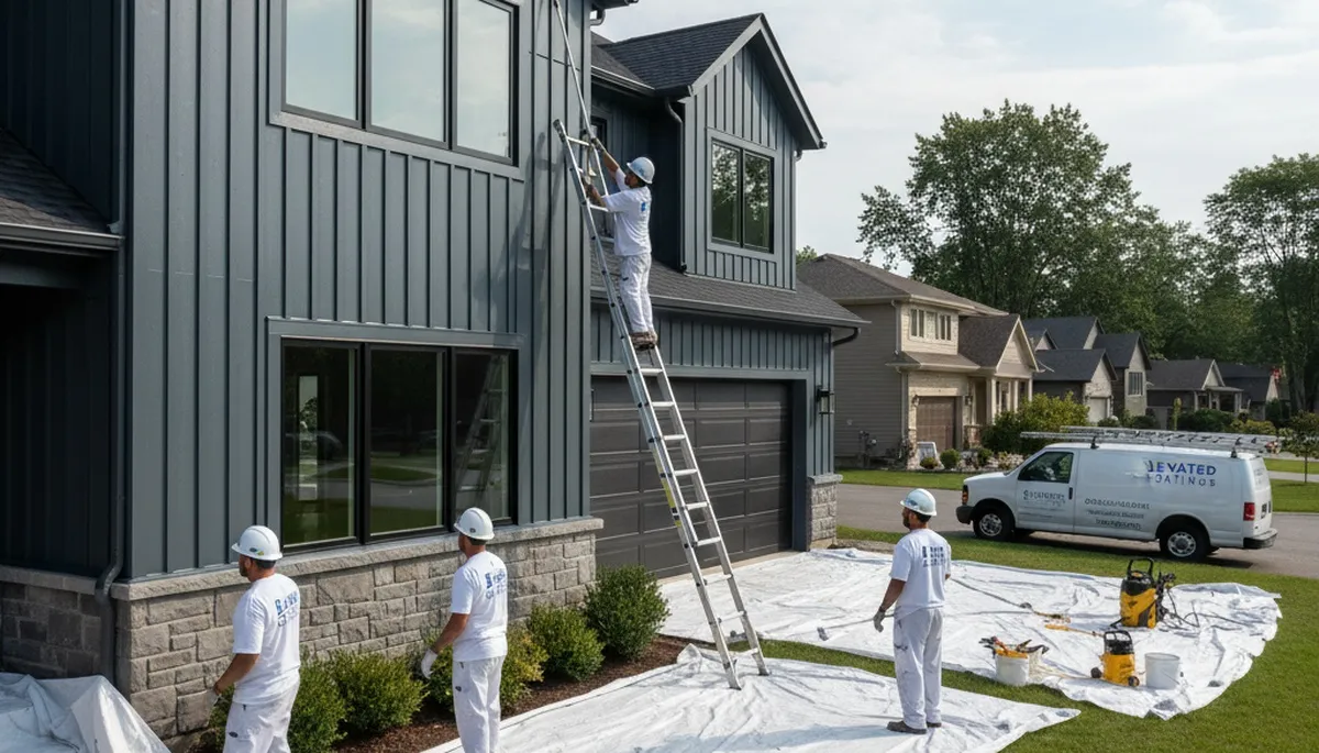 Professional siding painters finishing a Burlington MA home exterior with durable weatherproof coating