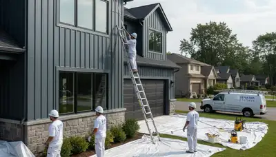 Professional siding painters finishing a Burlington MA home exterior with durable weatherproof coating