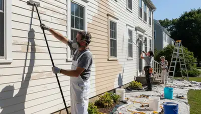 Surface preparation for exterior house painting in Burlington, MA by professional painters