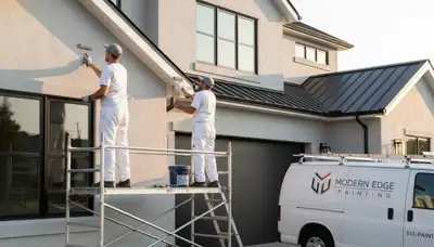 Professional trim and fascia painting on Burlington MA home exterior by expert house painters