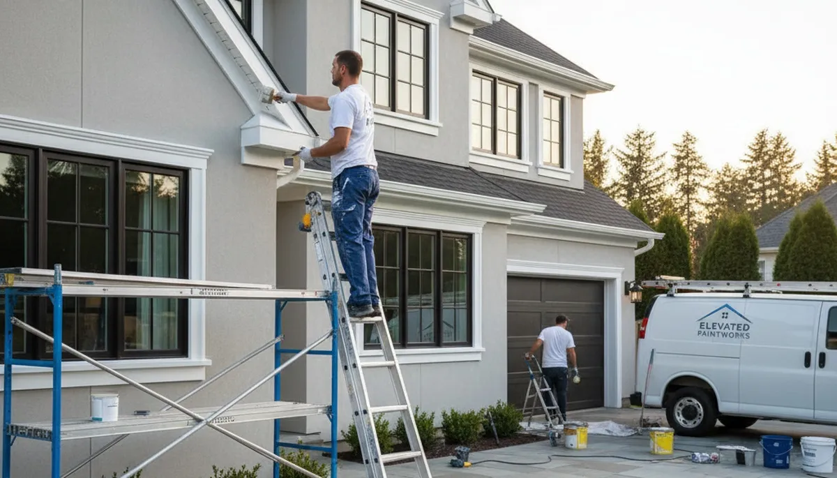 Professional trim and fascia painting on a Burlington MA home exterior by expert local painters