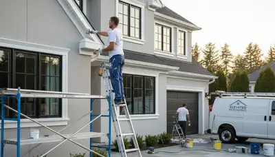 Professional trim and fascia painting on a Burlington MA home exterior by expert local painters