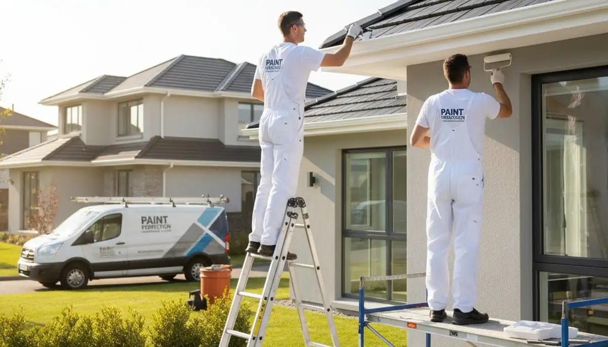 Professional trim and fascia painting on Burlington MA home exterior by expert house painters