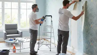 Professional wallpaper removal in Burlington MA home by experienced house painting crew